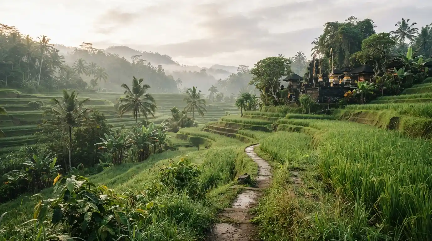 Peaceful Bali landscape with lush tropical greenery, rice terraces, and a quiet traditional setting