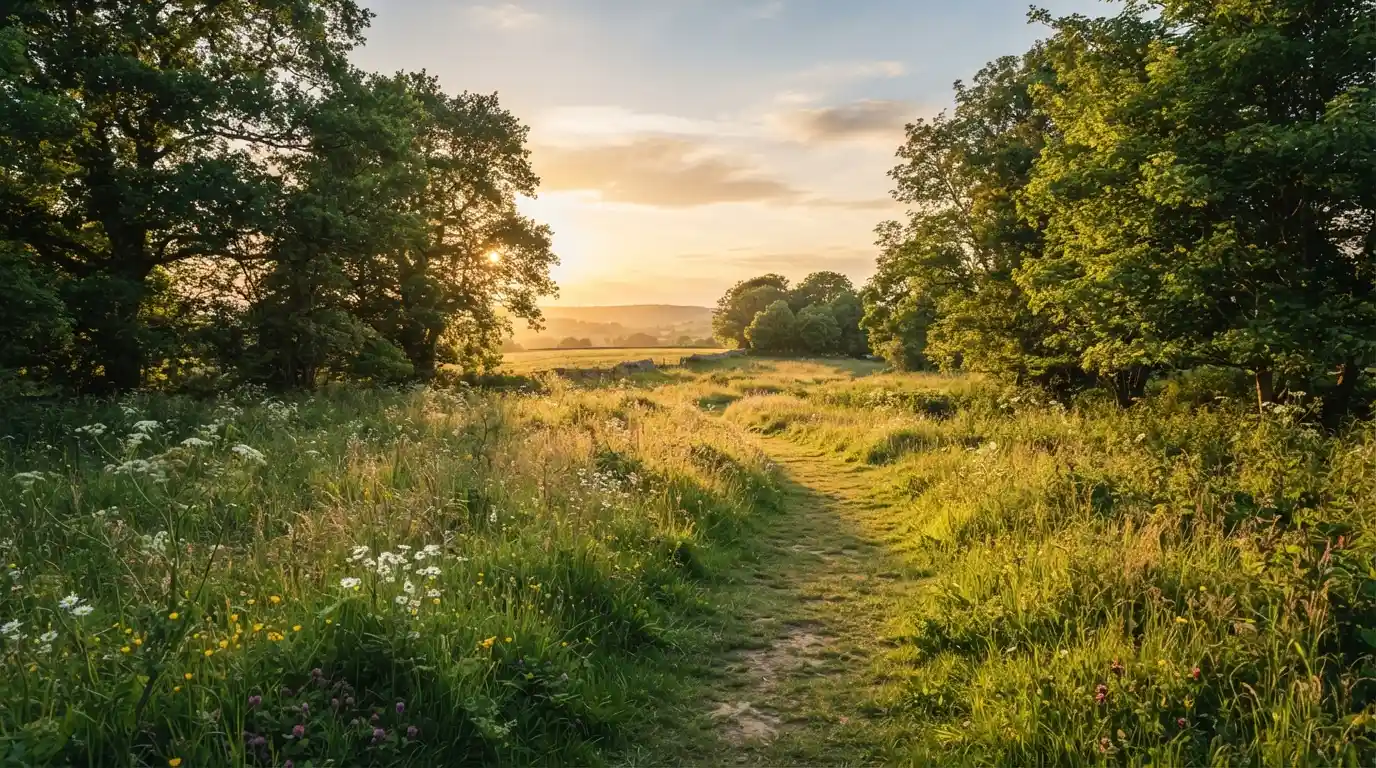 Golden sunlight filtering through trees over a lush green meadow and walking path