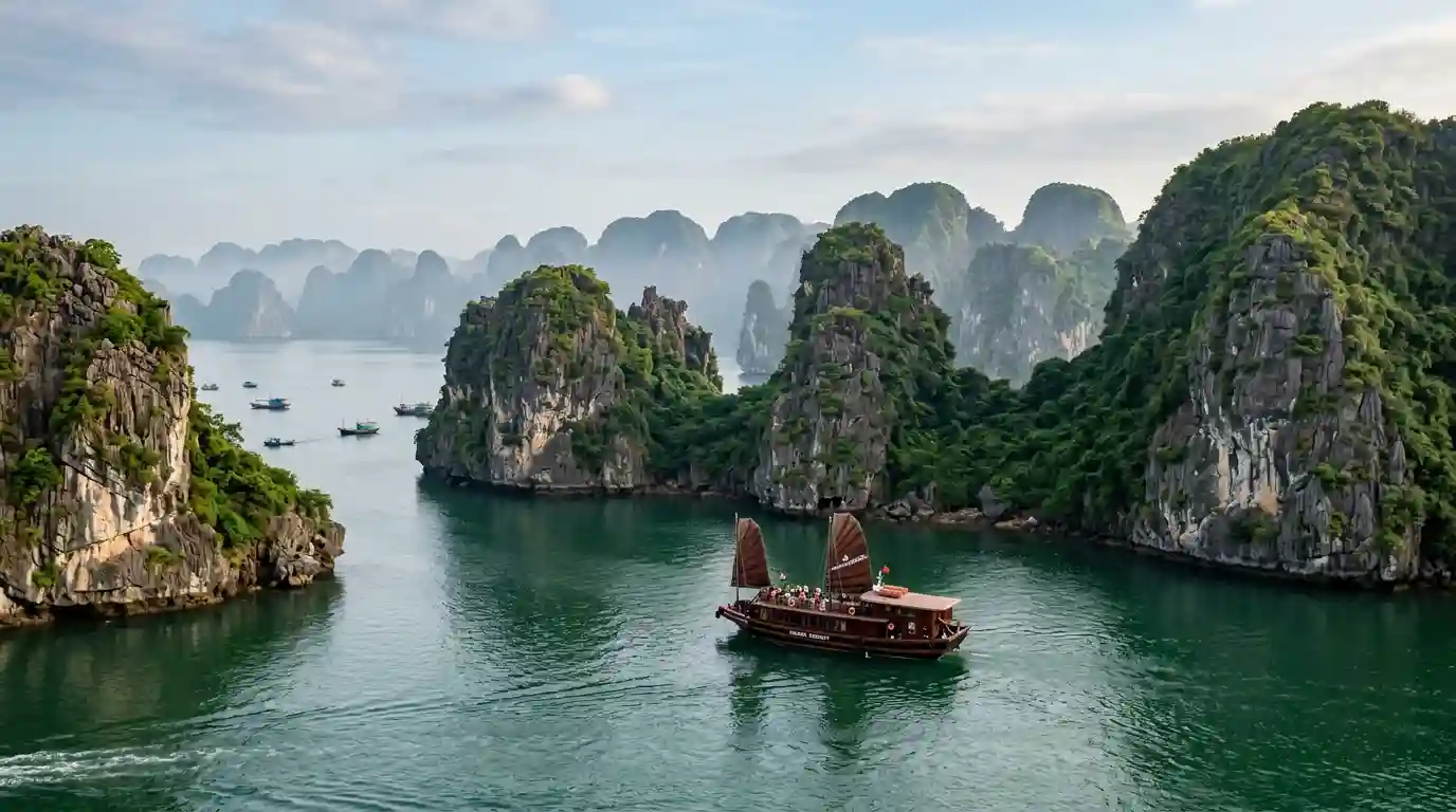 A sightseeing boat passes limestone islands across the emerald-green waters of Ha Long Bay, Vietnam.