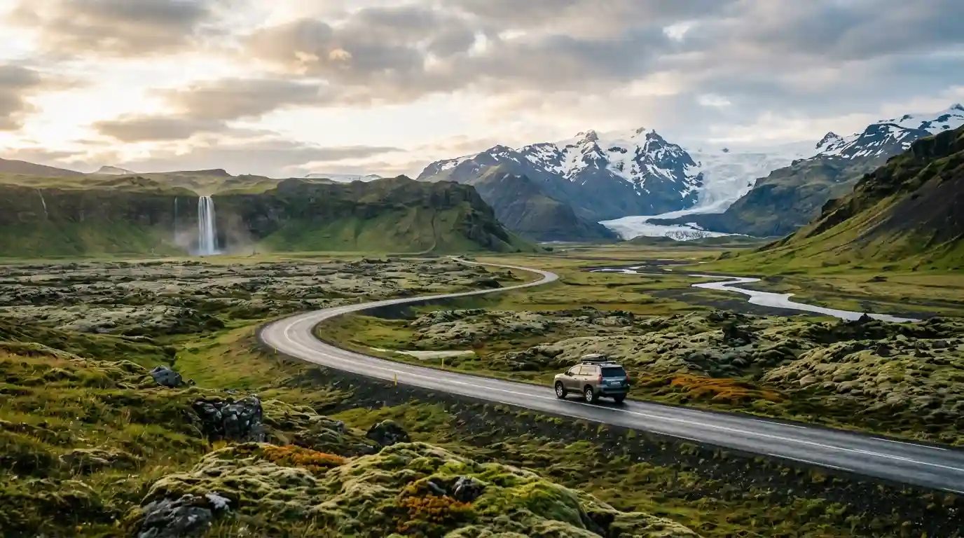 A winding road crosses Iceland's volcanic landscape beneath snow-capped mountains and a distant waterfall.