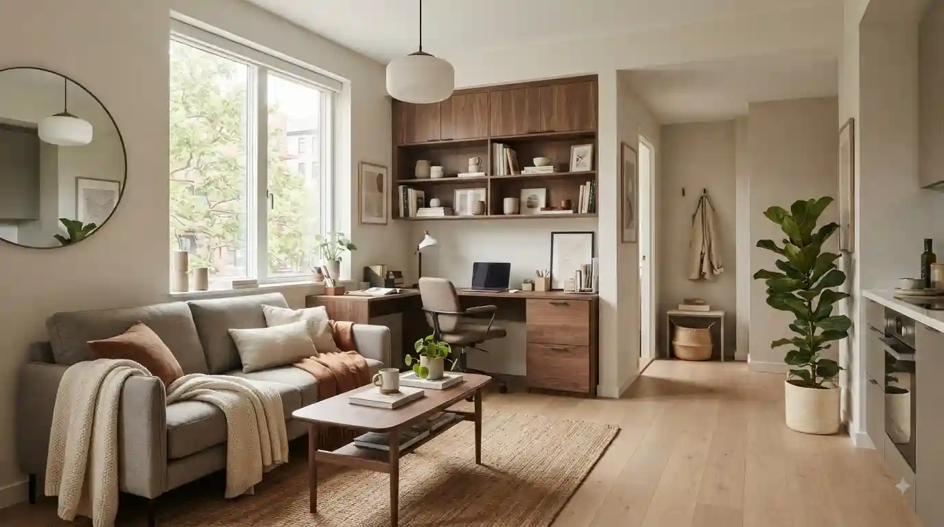 Compact modern living room with multifunctional furniture, wall storage, mirror, and layered lighting