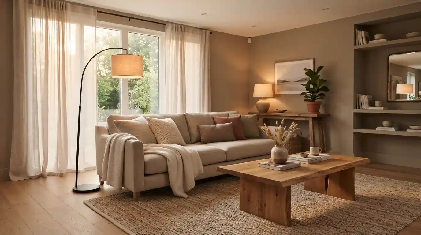 Warm living room with soft textiles, natural wood furniture, greenery, and layered lighting