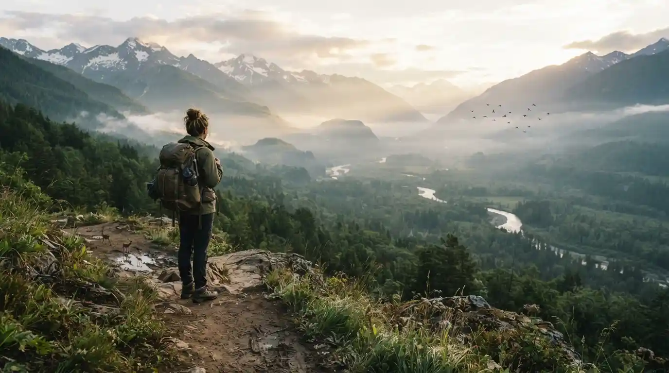 Traveler standing on a wilderness trail overlooking mountains, forest, and a misty valley