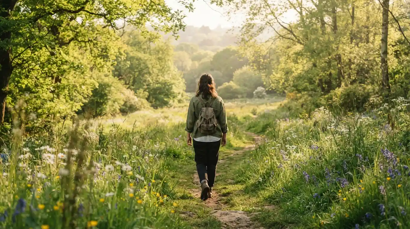 Person walking along a peaceful spring path surrounded by fresh greenery and blooming flowers