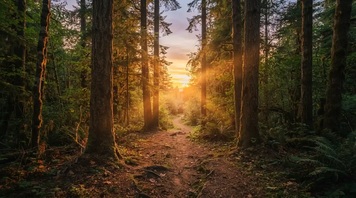 Golden sunset light filtering through a peaceful forest trail