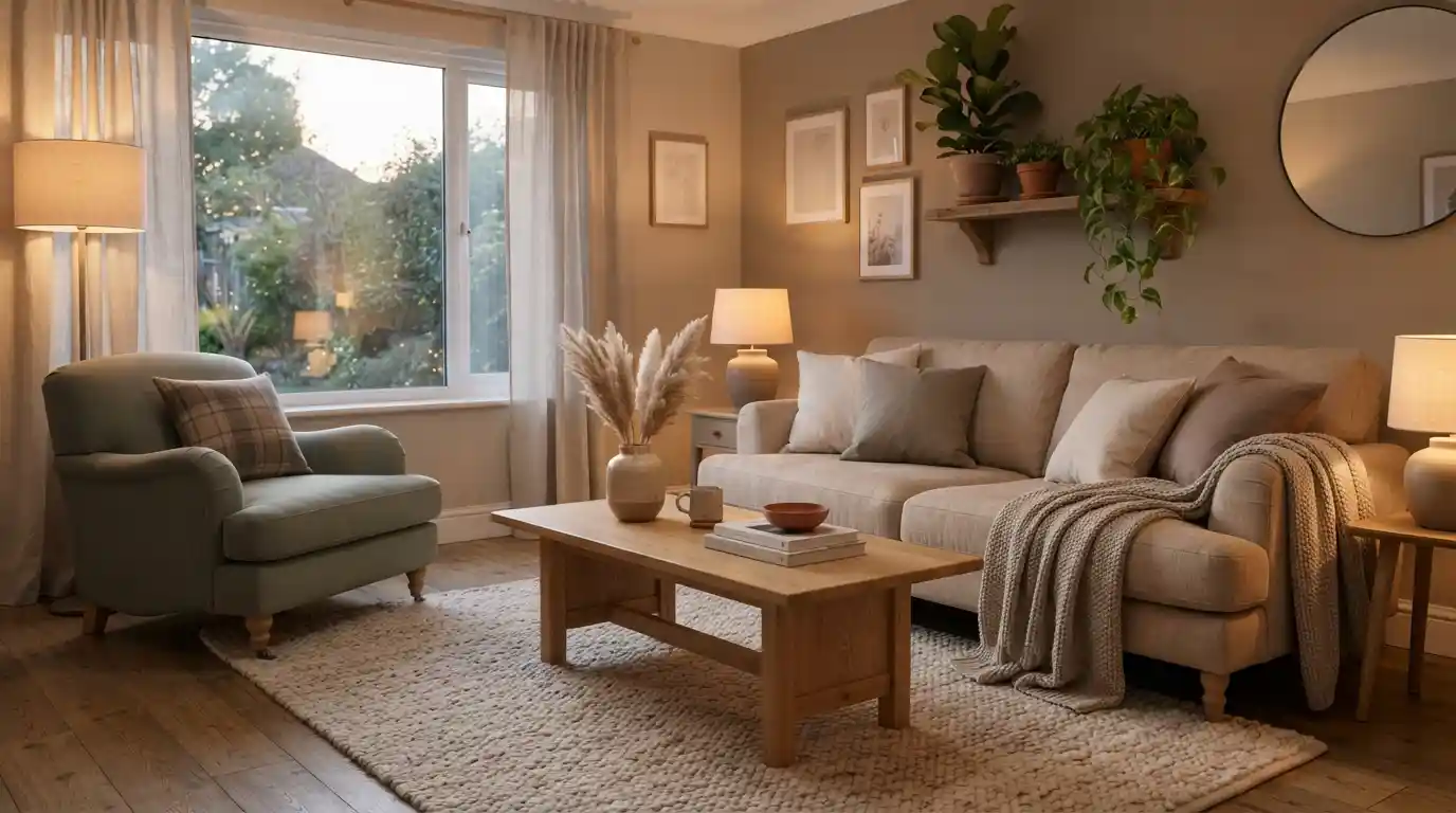 Warm beige living room with sage green accents, natural wood, soft textiles, and cozy lighting
