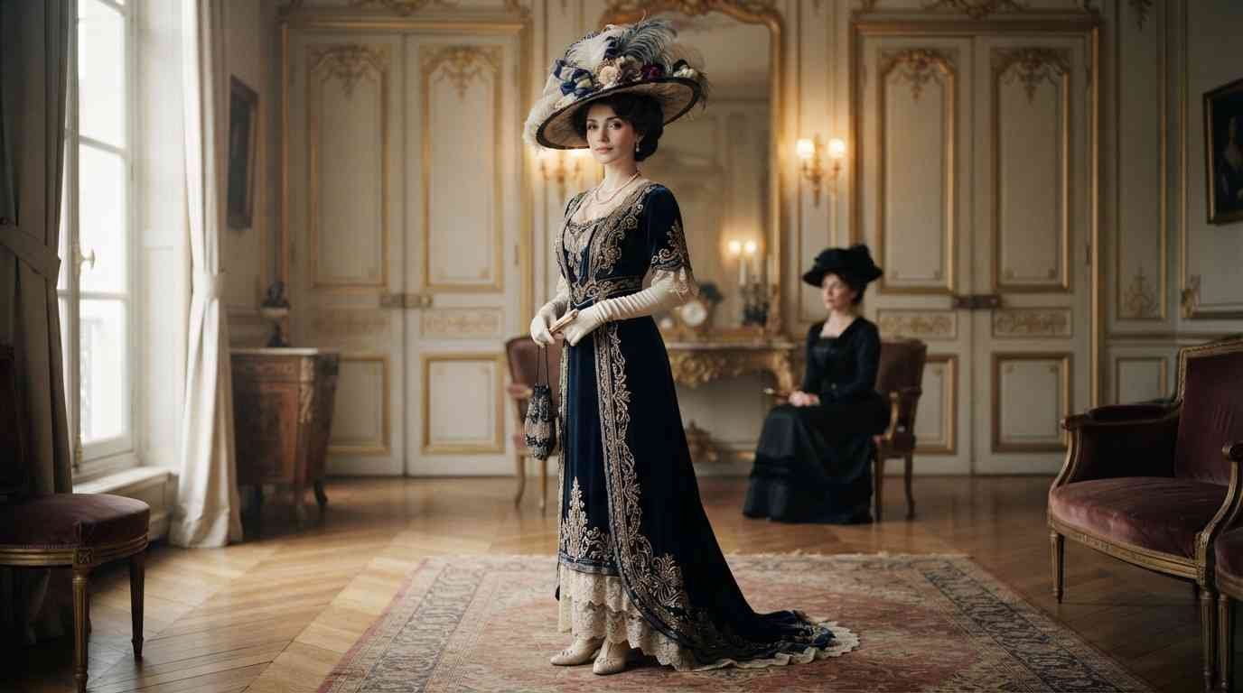 Woman wearing an elegant 1913-inspired dress, hat, and gloves in a historic European fashion setting.