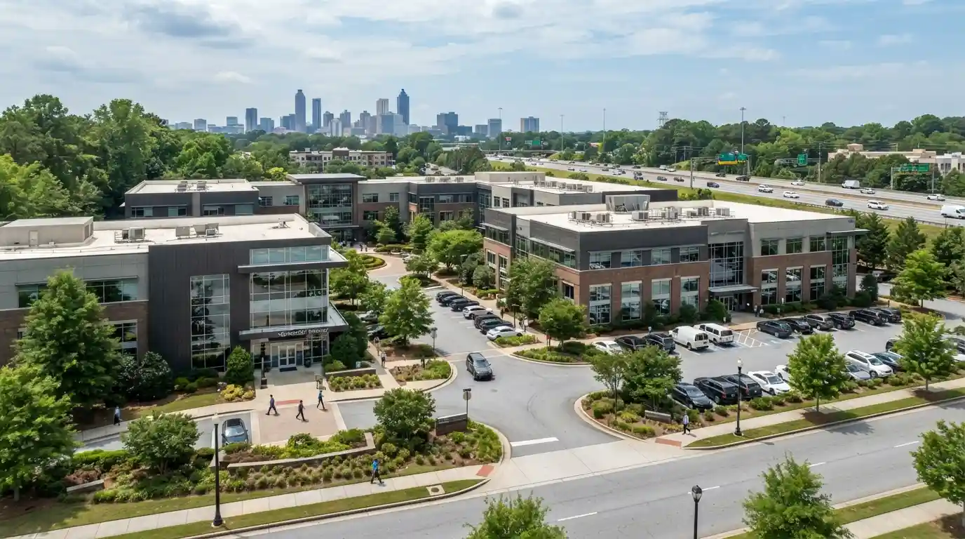 Modern commercial business complex representing the business environment around 4000 DeKalb Technology Pkwy in Atlanta