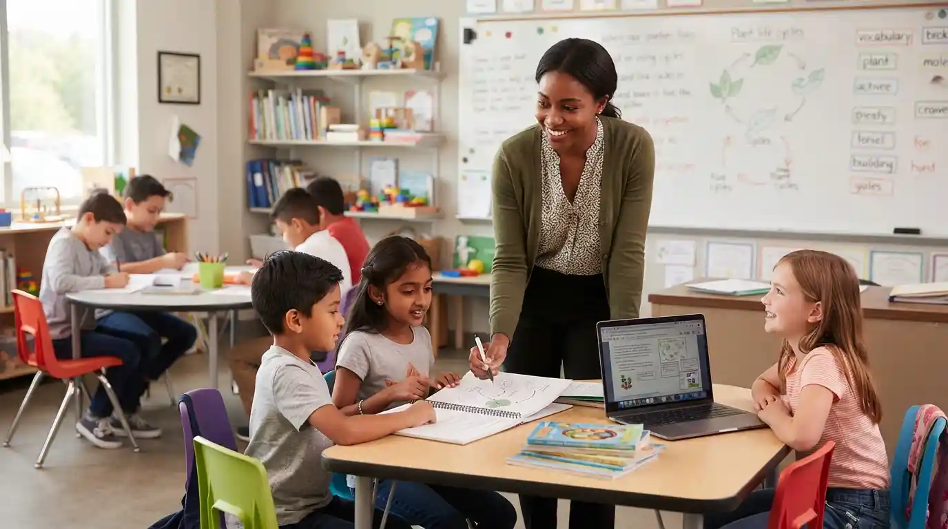 Education student working with elementary students in a modern classroom