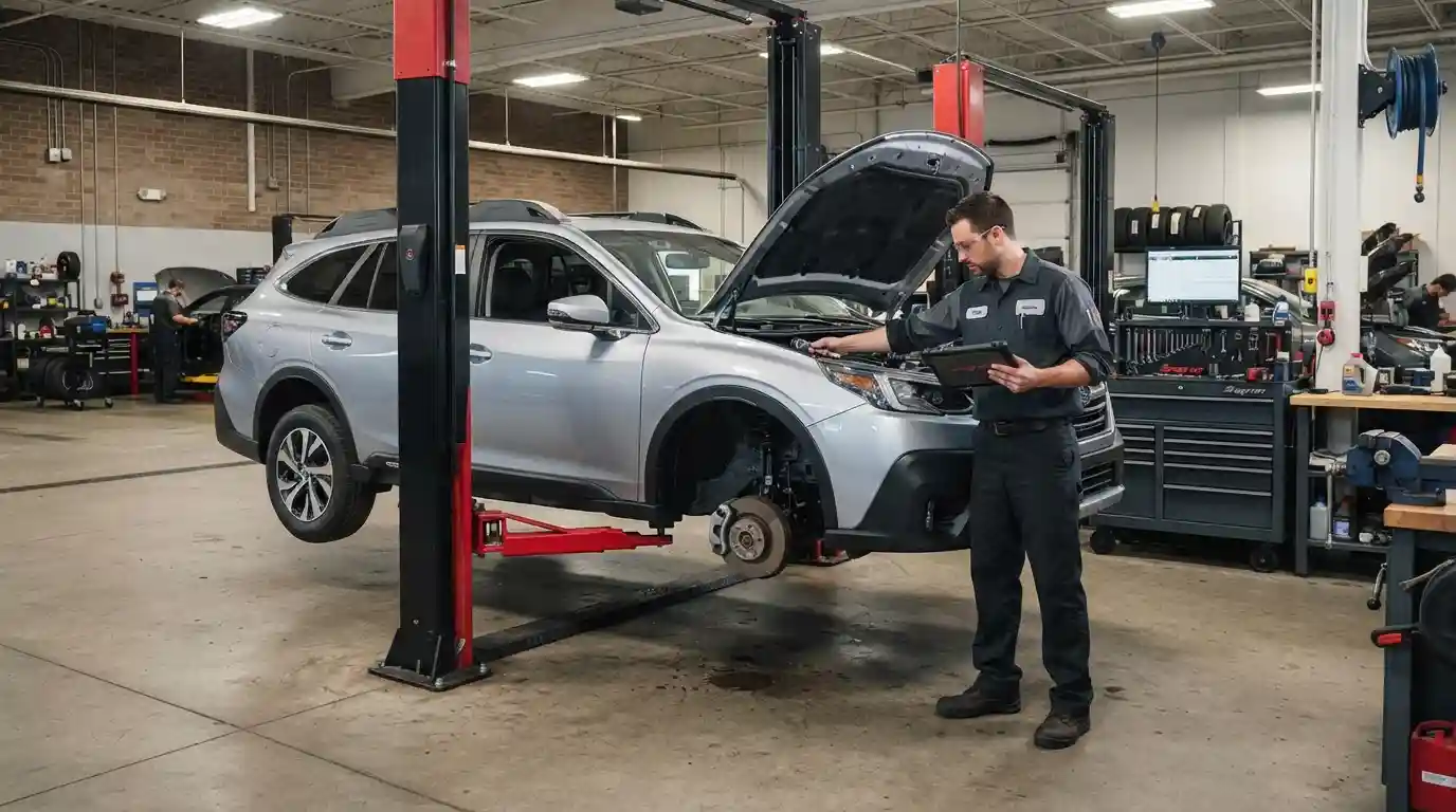 Mechanic servicing a modern car inside a professional auto repair shop