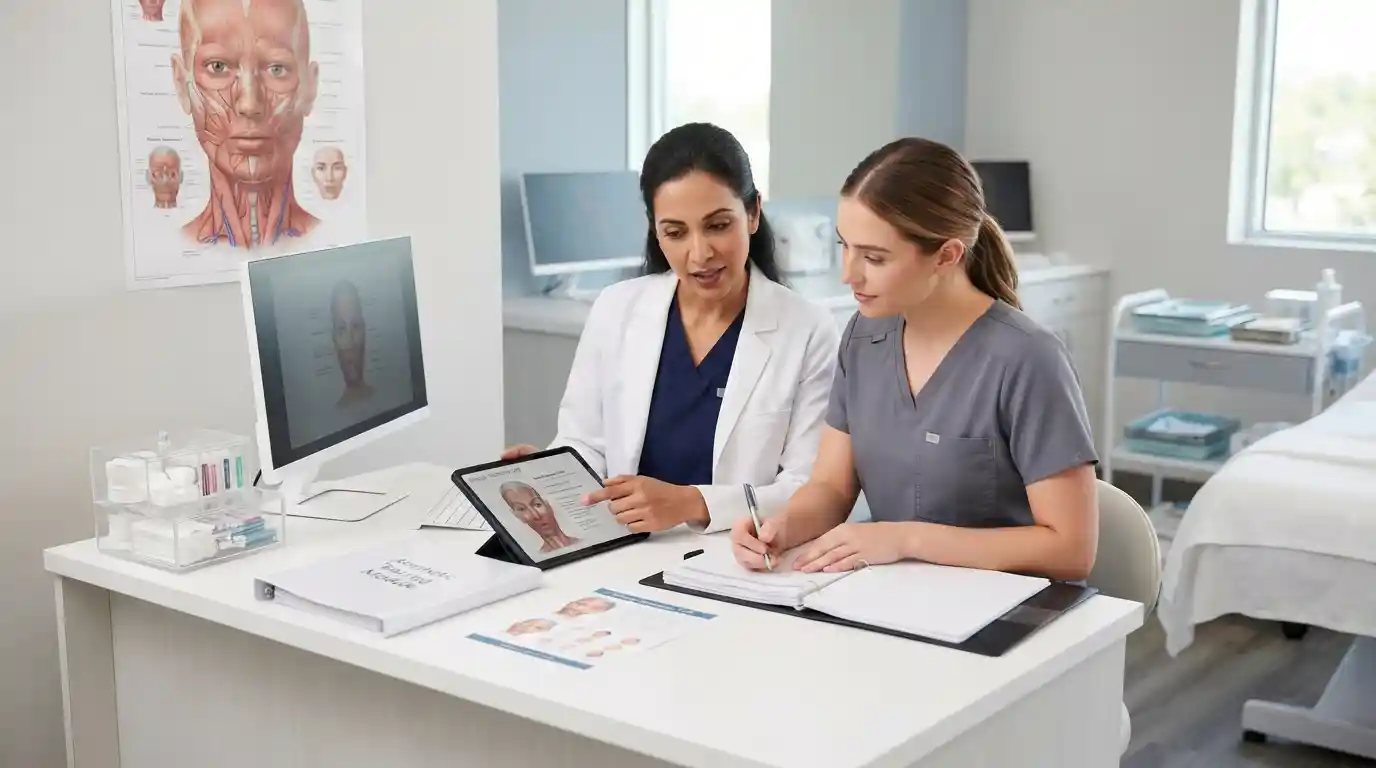 Aesthetic nurse studying facial anatomy and treatment planning in a modern clinical training environment.