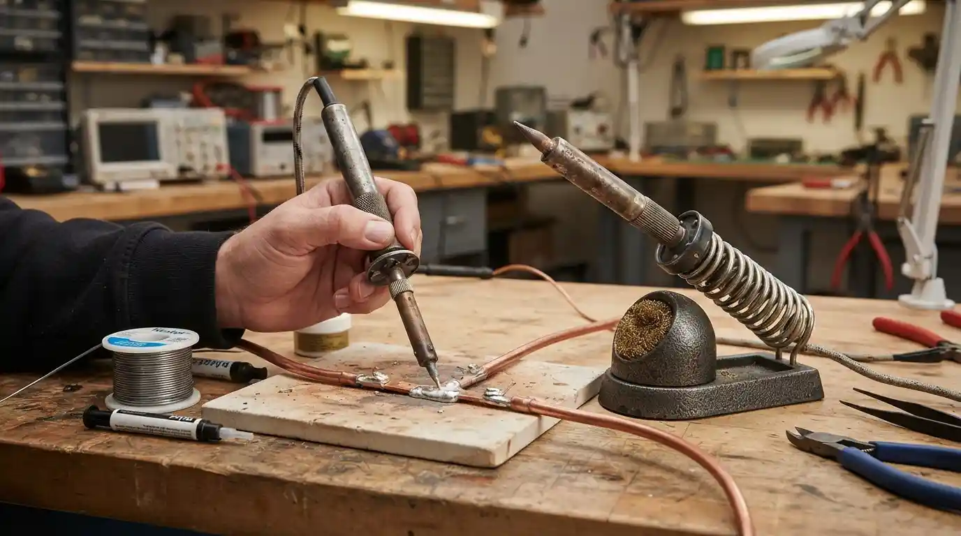Professional soldering iron working on a copper electrical connection at a workshop bench