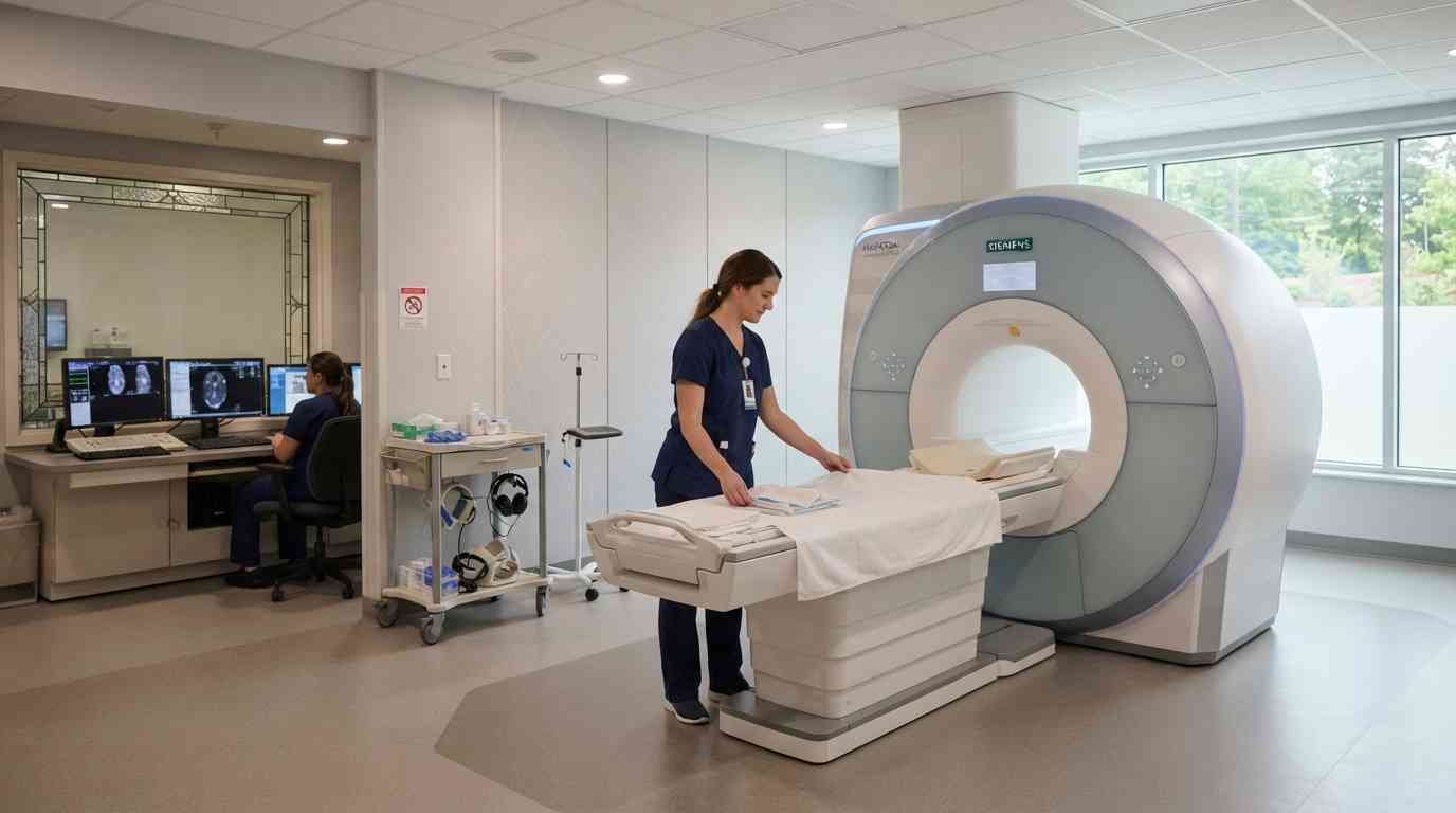 Modern MRI imaging room with a medical imaging technologist in an outpatient diagnostic center