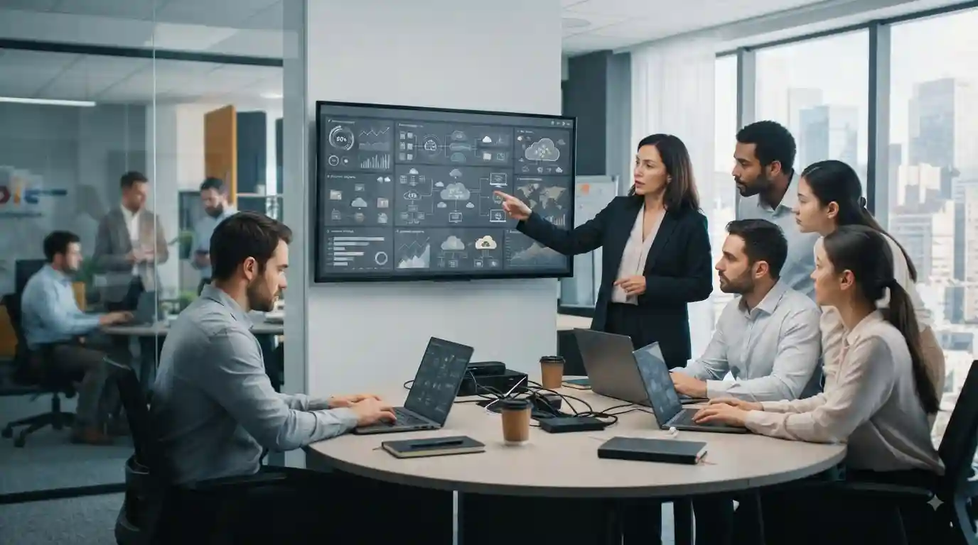 Technology consultants reviewing connected digital business systems in a modern office