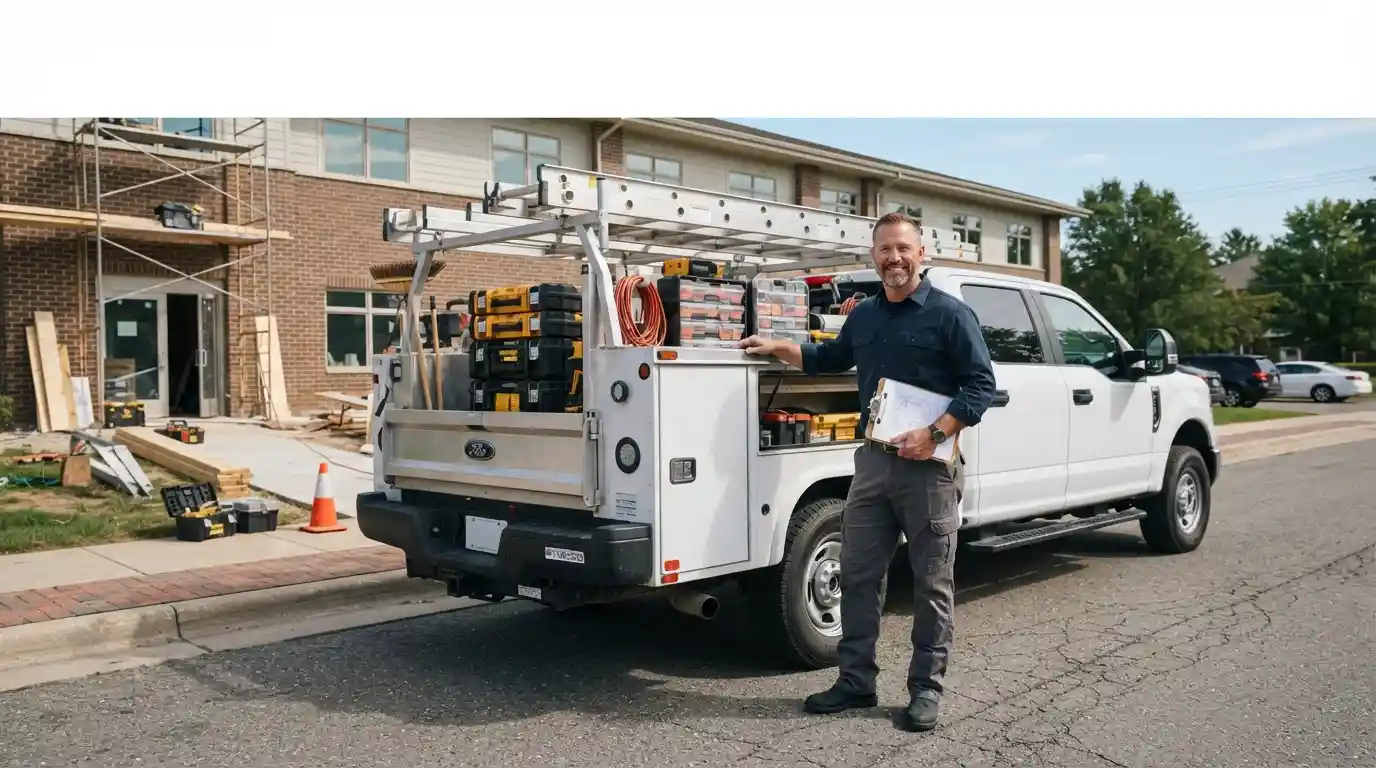 Contractor standing beside a commercial work truck loaded with tools at a job site