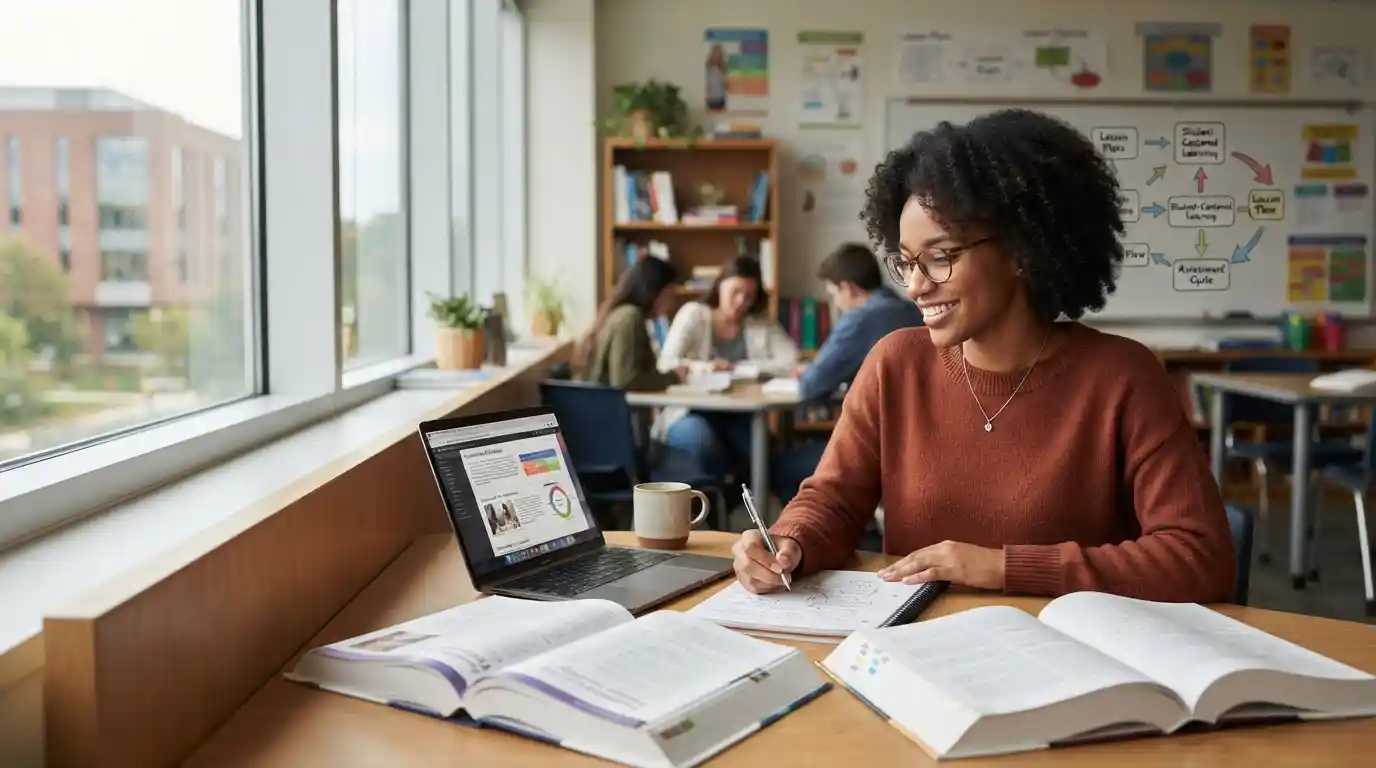 College student studying education in a modern classroom with textbooks and a laptop
