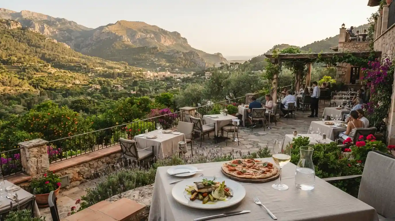 Elegant outdoor dining terrace overlooking the Sóller Valley at Barretes Restaurant