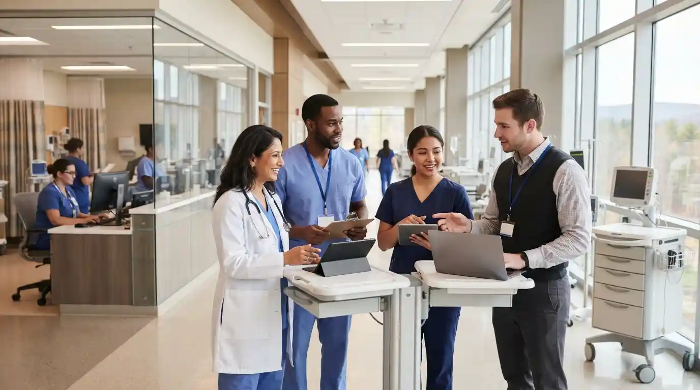 Healthcare professionals collaborating in a modern hospital while exploring career opportunities