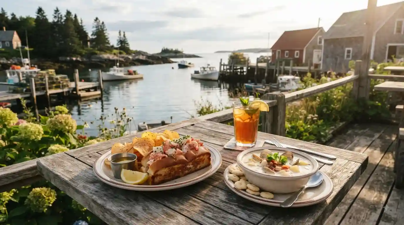 Maine lobster roll and seafood chowder served at a coastal restaurant overlooking the Lubec harbor