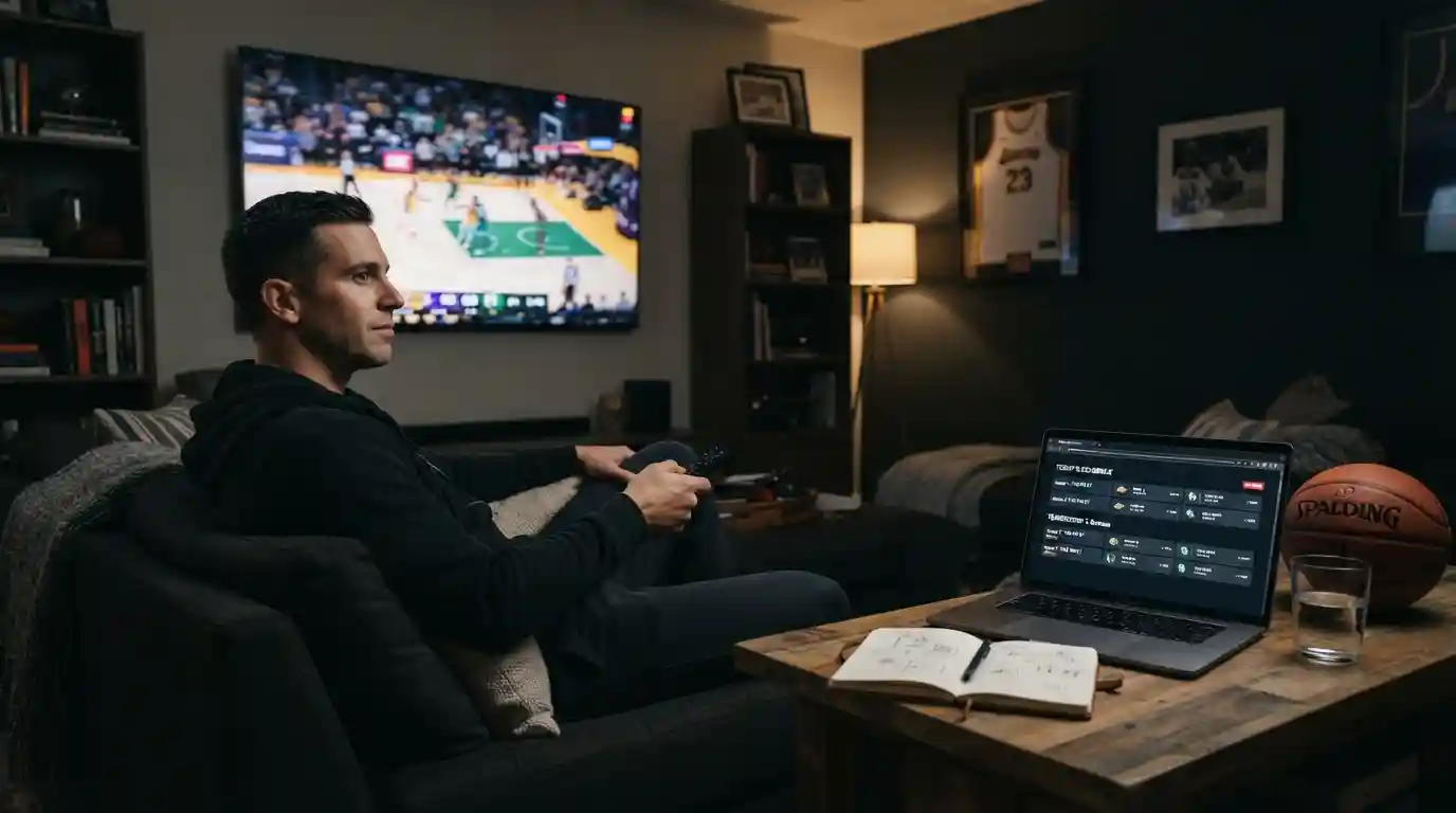 Sports fan watching a live basketball game on a television with a laptop showing a sports schedule