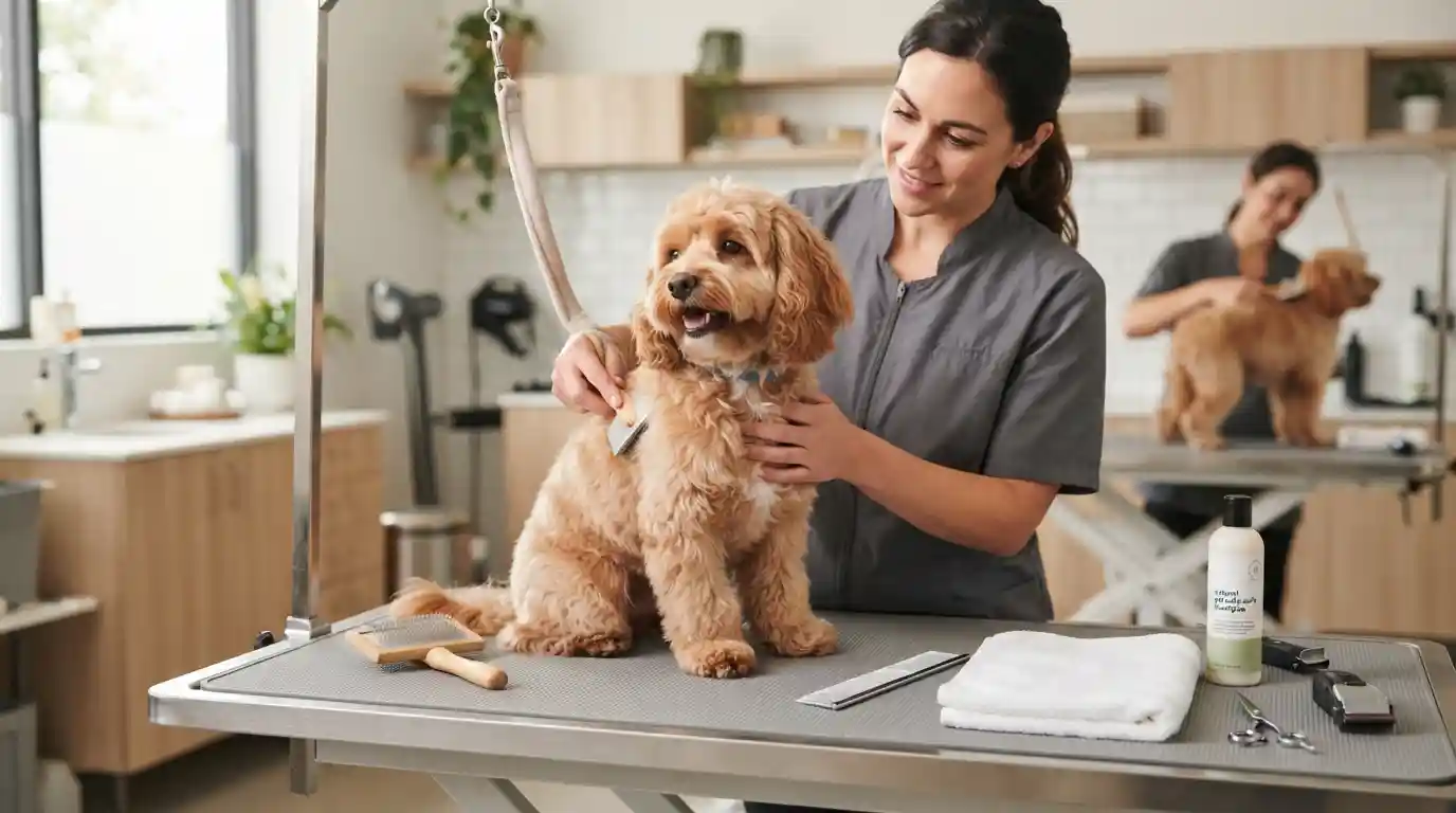 A professional groomer gently brushing a happy dog in a clean pet grooming salon.