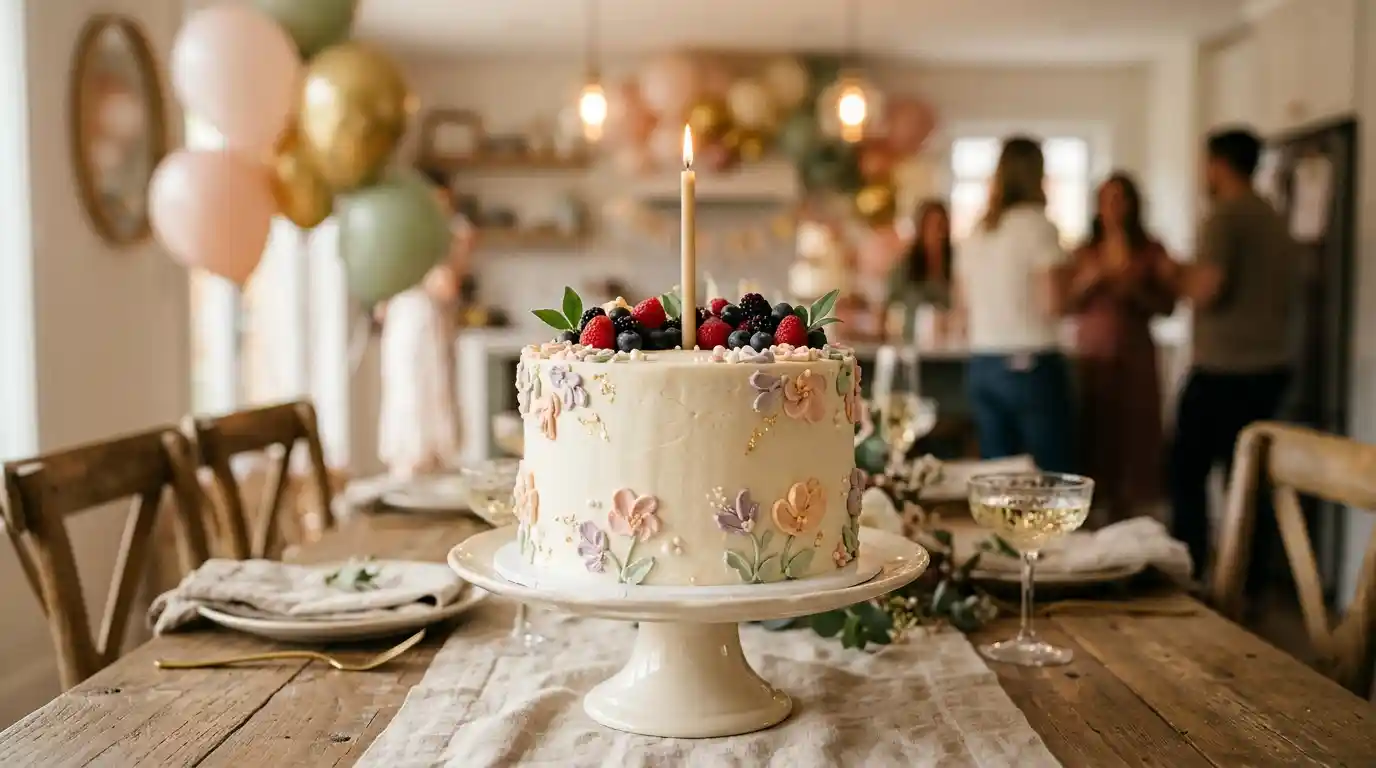 Elegant birthday cake with ivory buttercream and pastel floral decorations