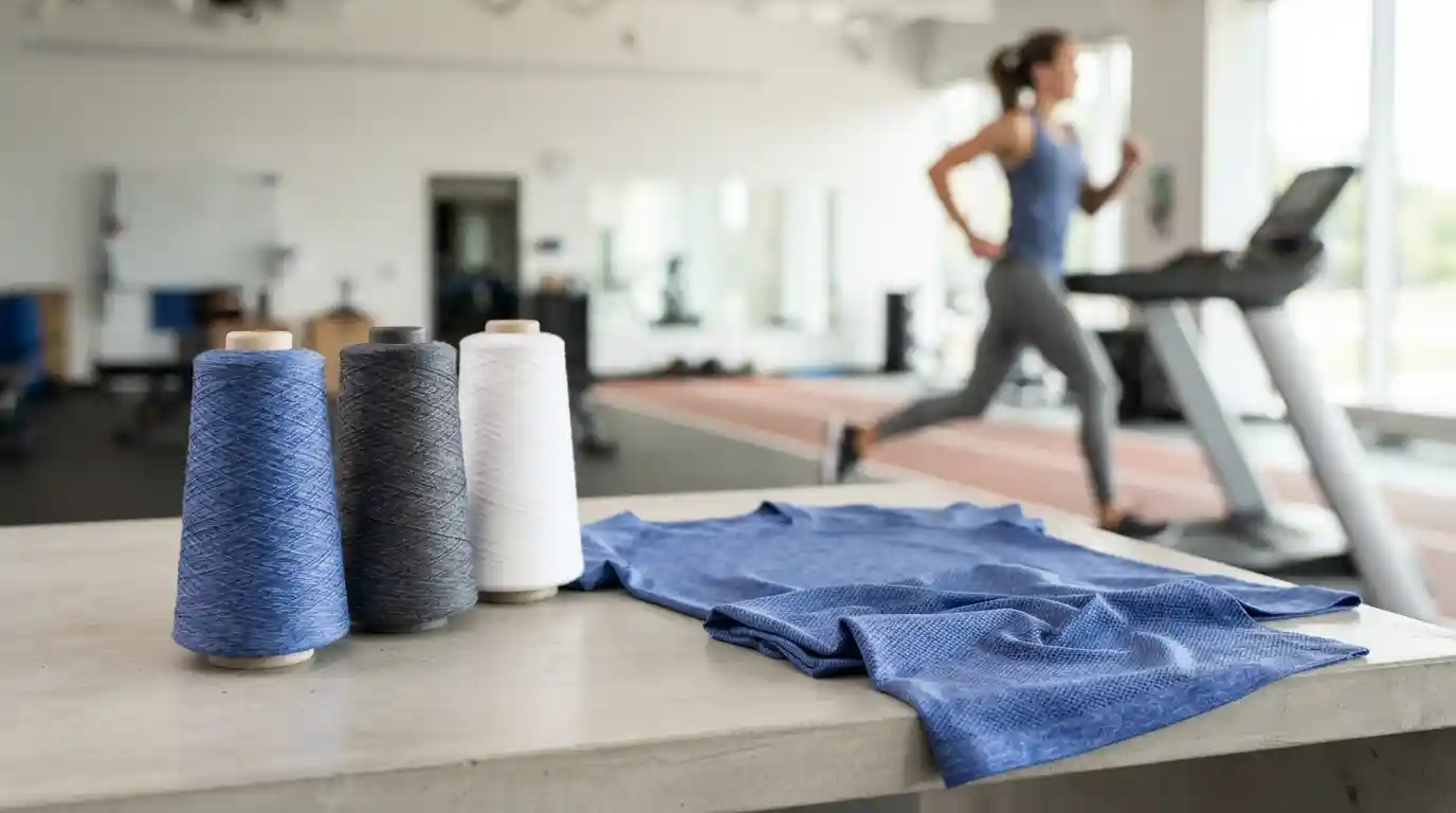 Performance yarn cones beside modern athletic fabric and activewear in a textile studio.