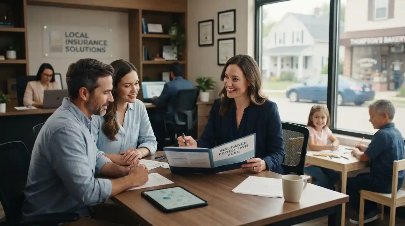 Insurance advisor discussing home, auto, and business coverage with clients in a professional office