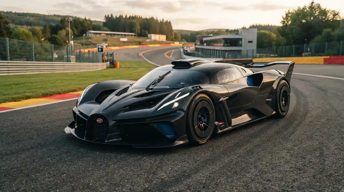 Bugatti Bolide-inspired hypercar on a professional racing circuit with aggressive aerodynamic bodywork