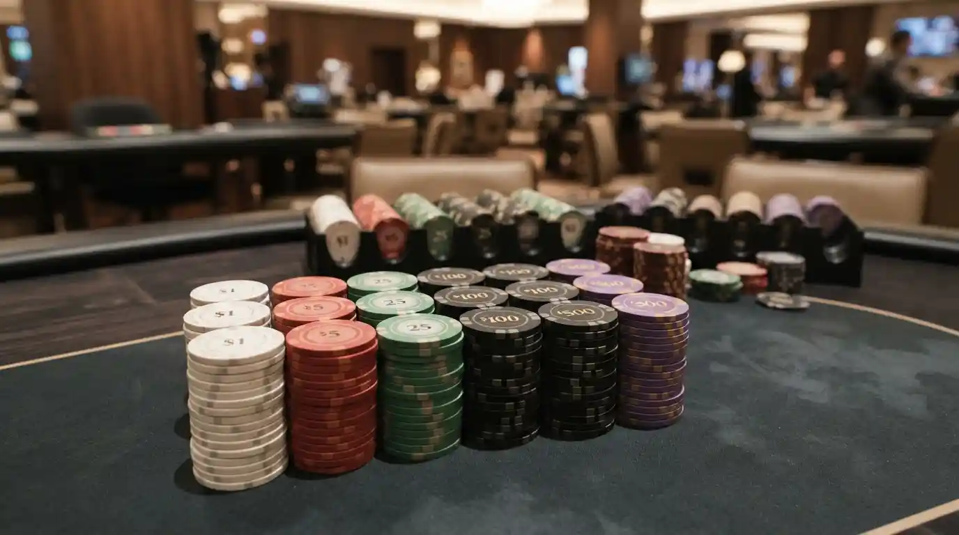 Stacks of casino-style poker chips arranged in bulk on a professional gaming table