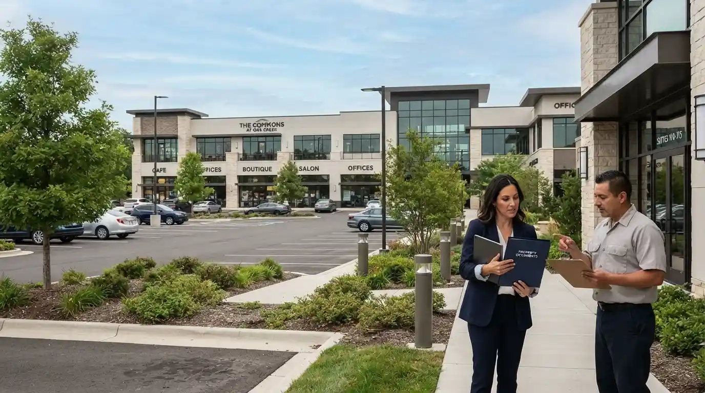 Modern commercial property with shared parking, landscaping, and common areas representing commercial real estate maintenance costs.