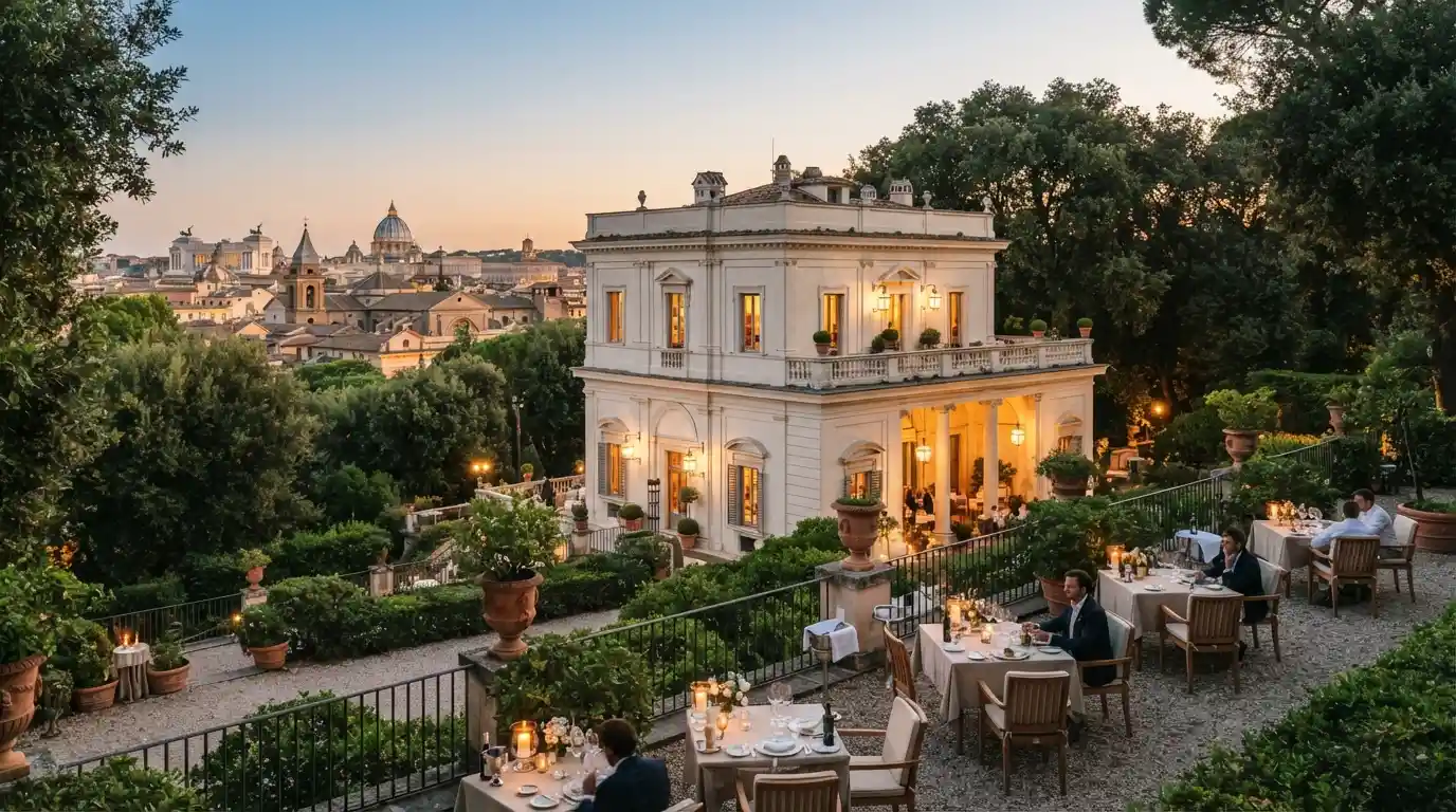Casina Valadier Restaurant surrounded by greenery in Villa Borghese, Rome