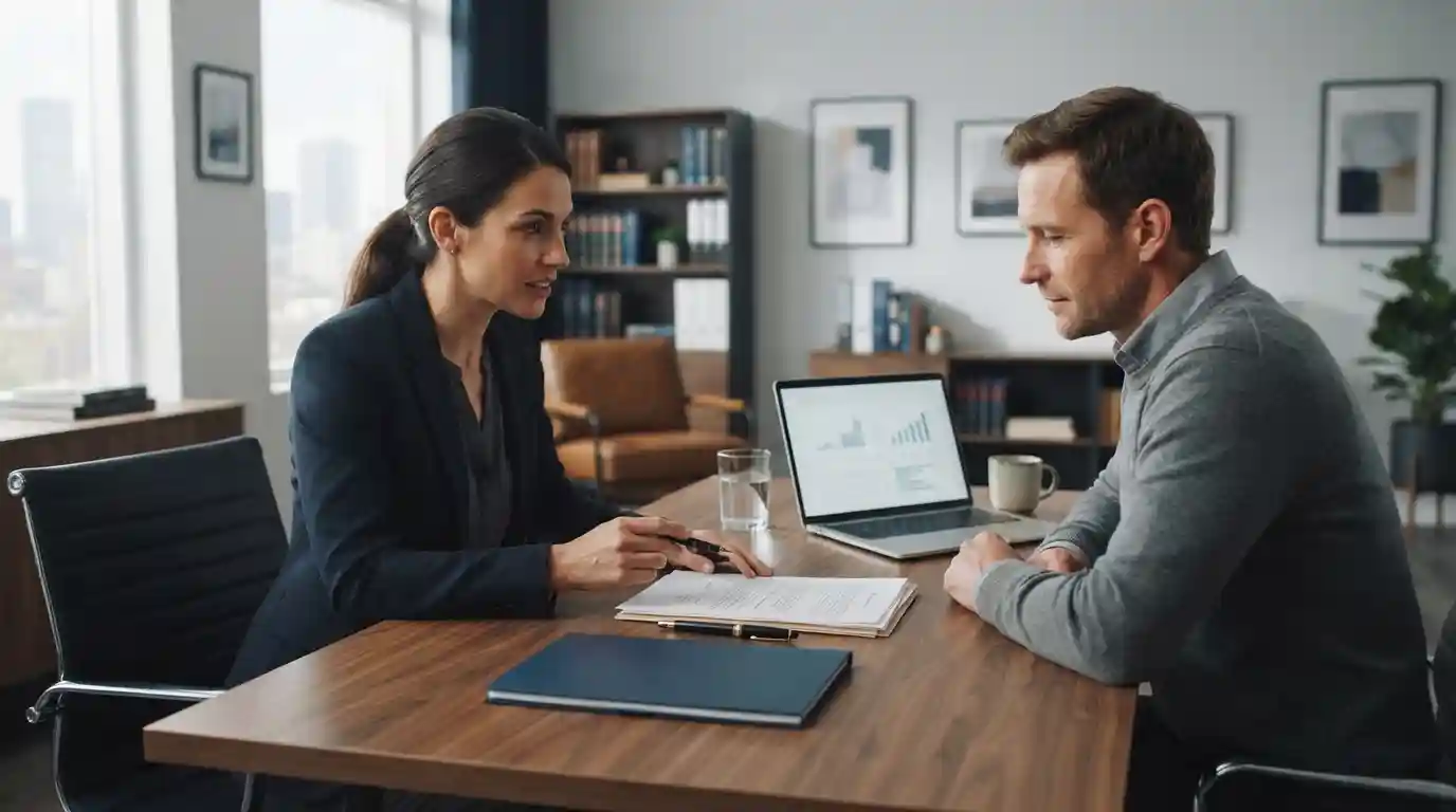 Legal advisor discussing documents with a client during a professional consultation in a modern office