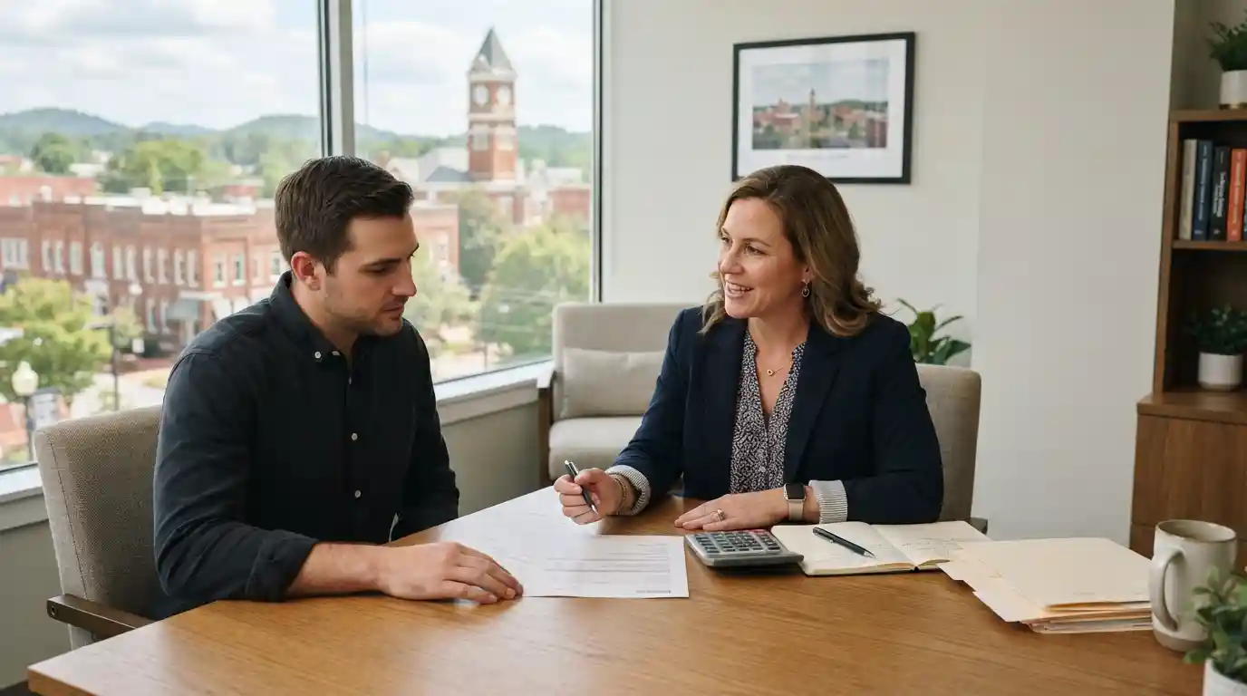 Financial advisor discussing a personal loan with a customer in a professional Rome, Georgia office