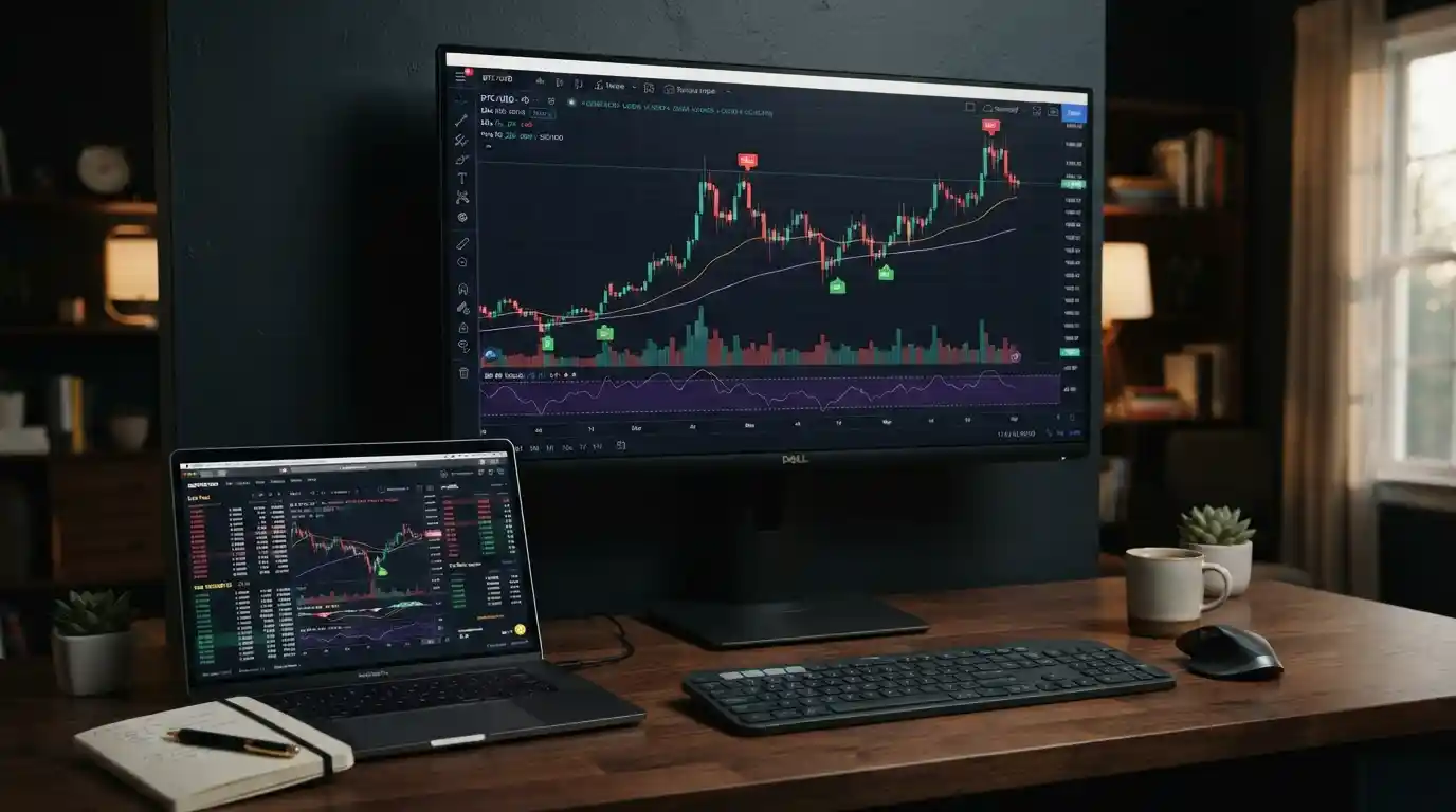 Crypto trading workstation displaying buy and sell signals on a cryptocurrency price chart