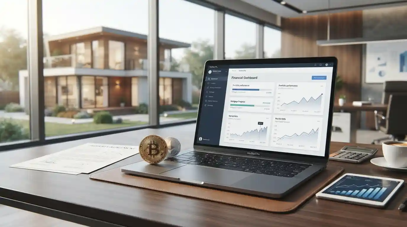 Modern home and financial technology concept representing cryptocurrency-backed property financing