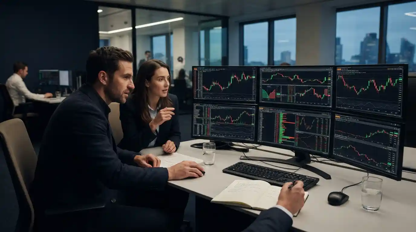 Institutional traders reviewing a large cryptocurrency OTC transaction in a professional trading environment.