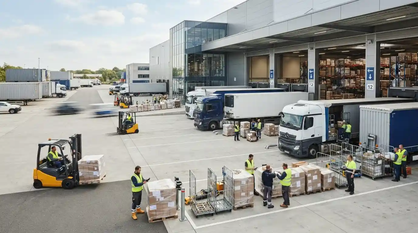 Modern logistics distribution center with freight trucks, warehouse operations, and coordinated cargo movement