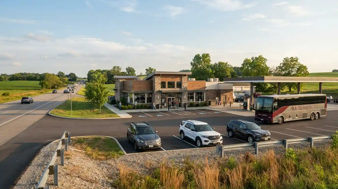 Roadside view of Dogwood Crossing Travel Center in Carroll, Ohio, with vehicles and a coach bus nearby
