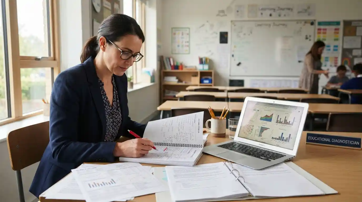 Educational diagnostician reviewing student assessment materials in a modern school setting