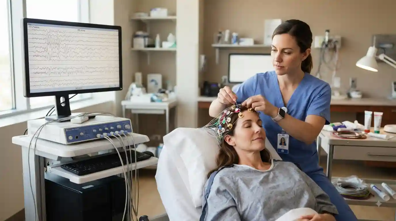 Electroneurodiagnostic technologist performing an EEG procedure in a hospital laboratory