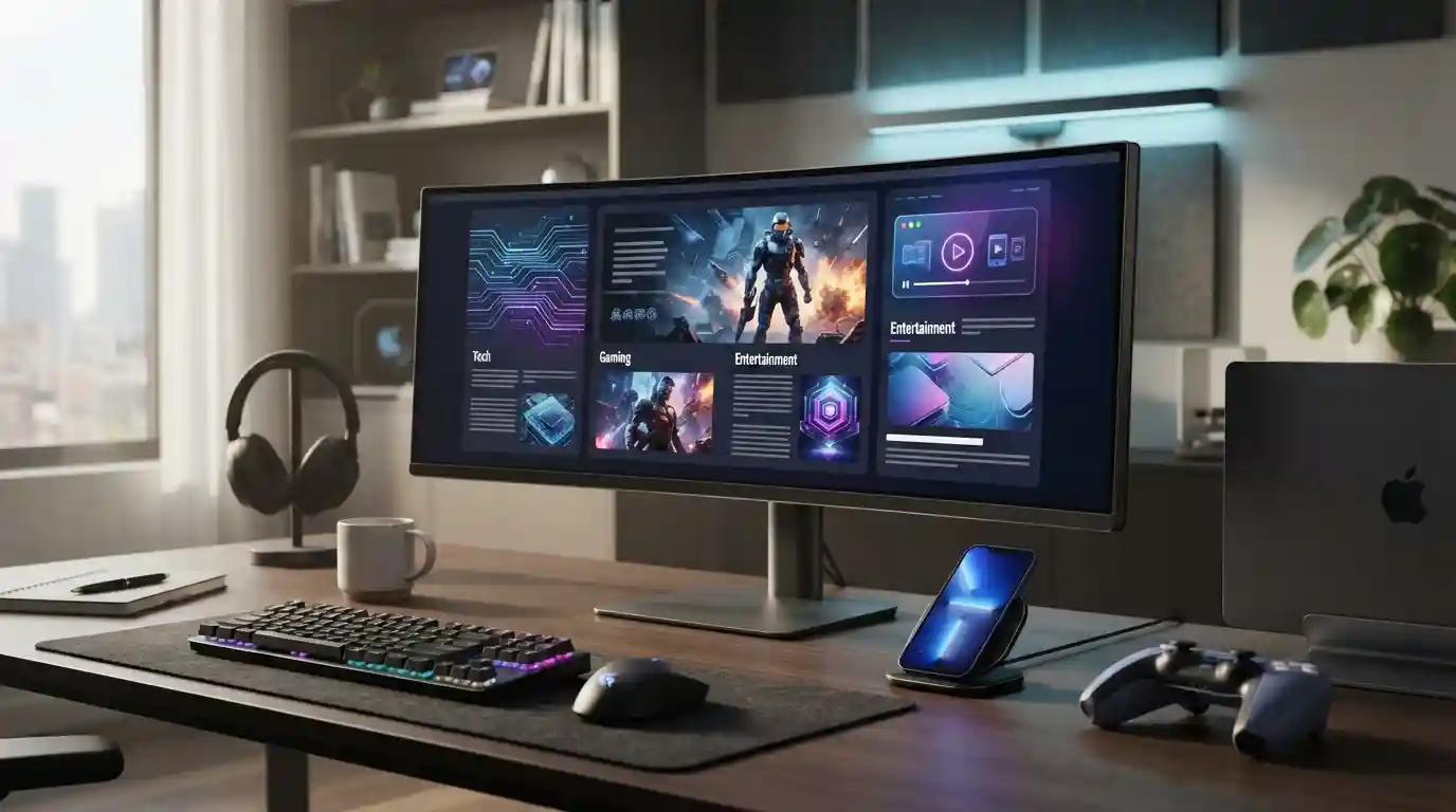 Modern desktop workspace representing digital technology, gaming, entertainment, and online media trends