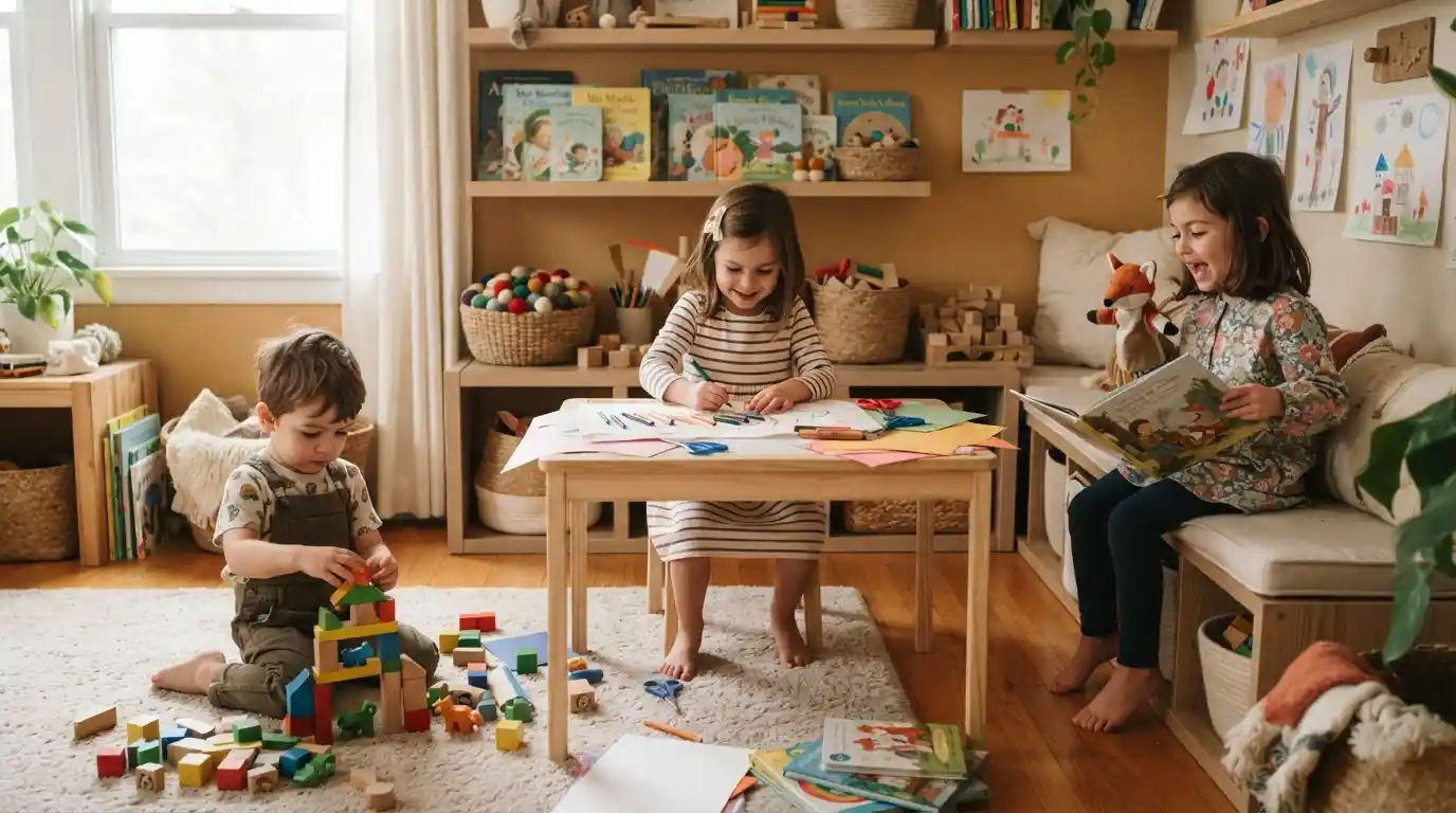 Children enjoying creative play with crafts, books, and building activities in a family play area.