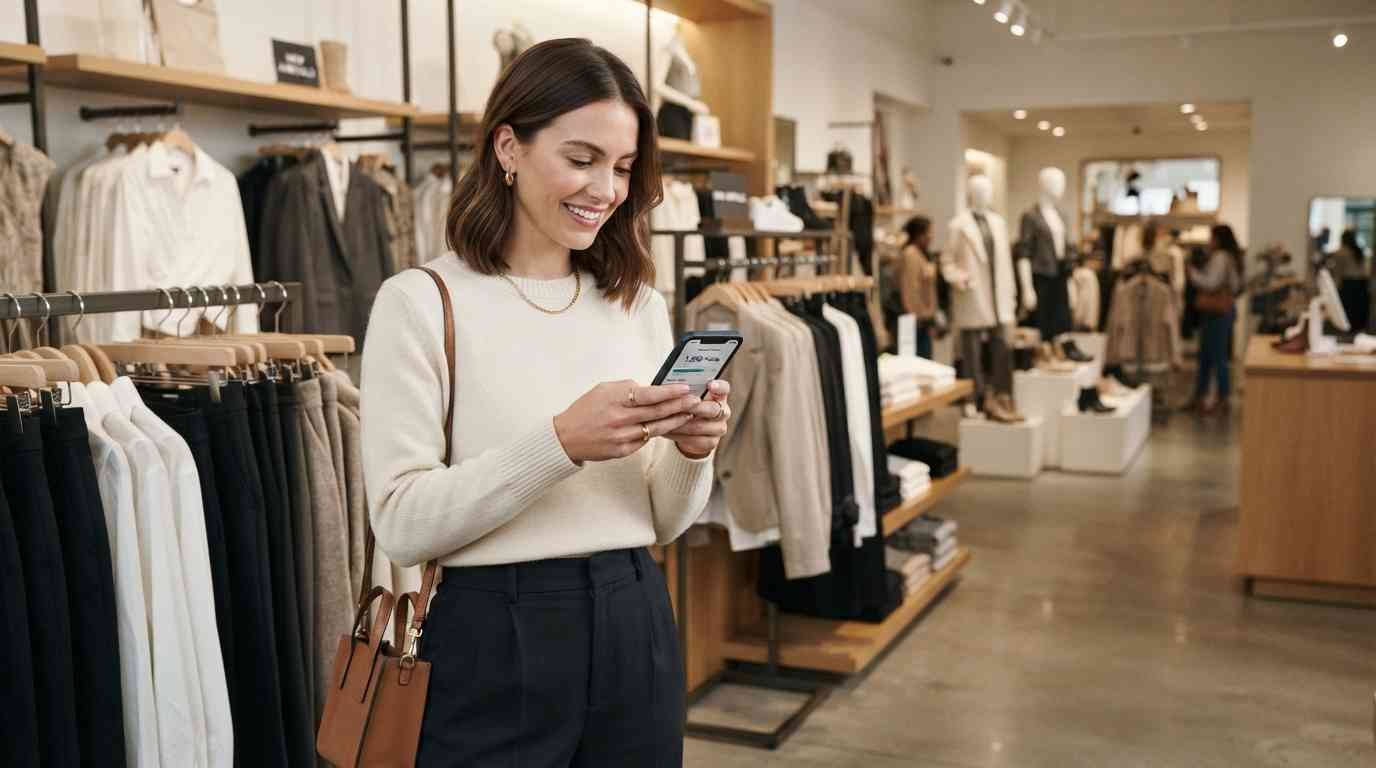 Shopper checking a fashion rewards account balance on a smartphone in a clothing store