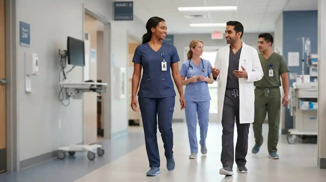 Healthcare professionals wearing modern medical scrubs in a contemporary hospital setting