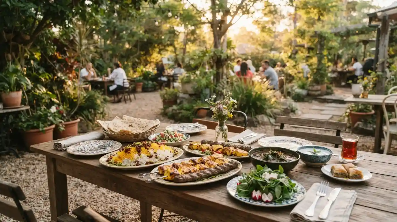 Persian-inspired dishes including rice, grilled kebabs, herbs, salad, and baklava arranged on a restaurant table