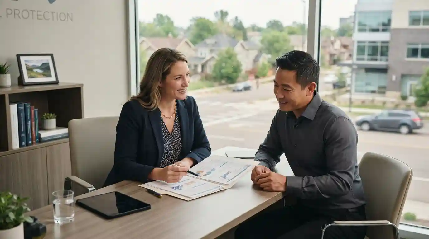 Homeowner and insurance advisor reviewing coverage documents in a professional office