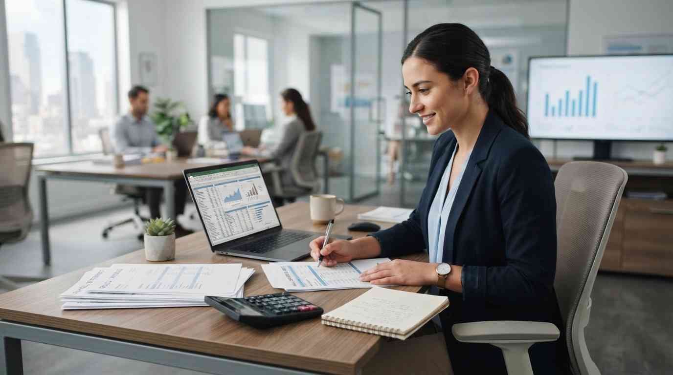 Finance coordinator reviewing business financial reports and documents at an office desk