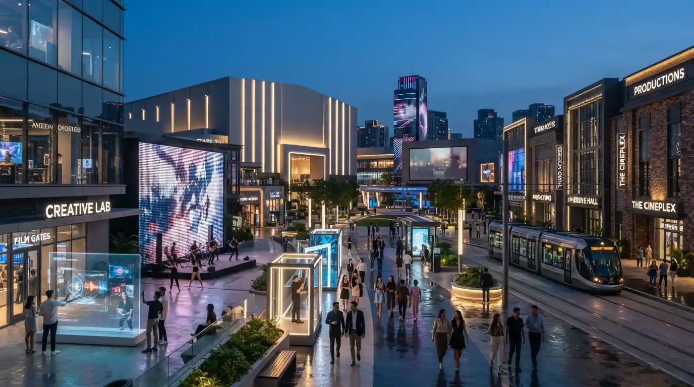 Futuristic entertainment studio city with cinematic attractions, production spaces, and visitors exploring an immersive destination
