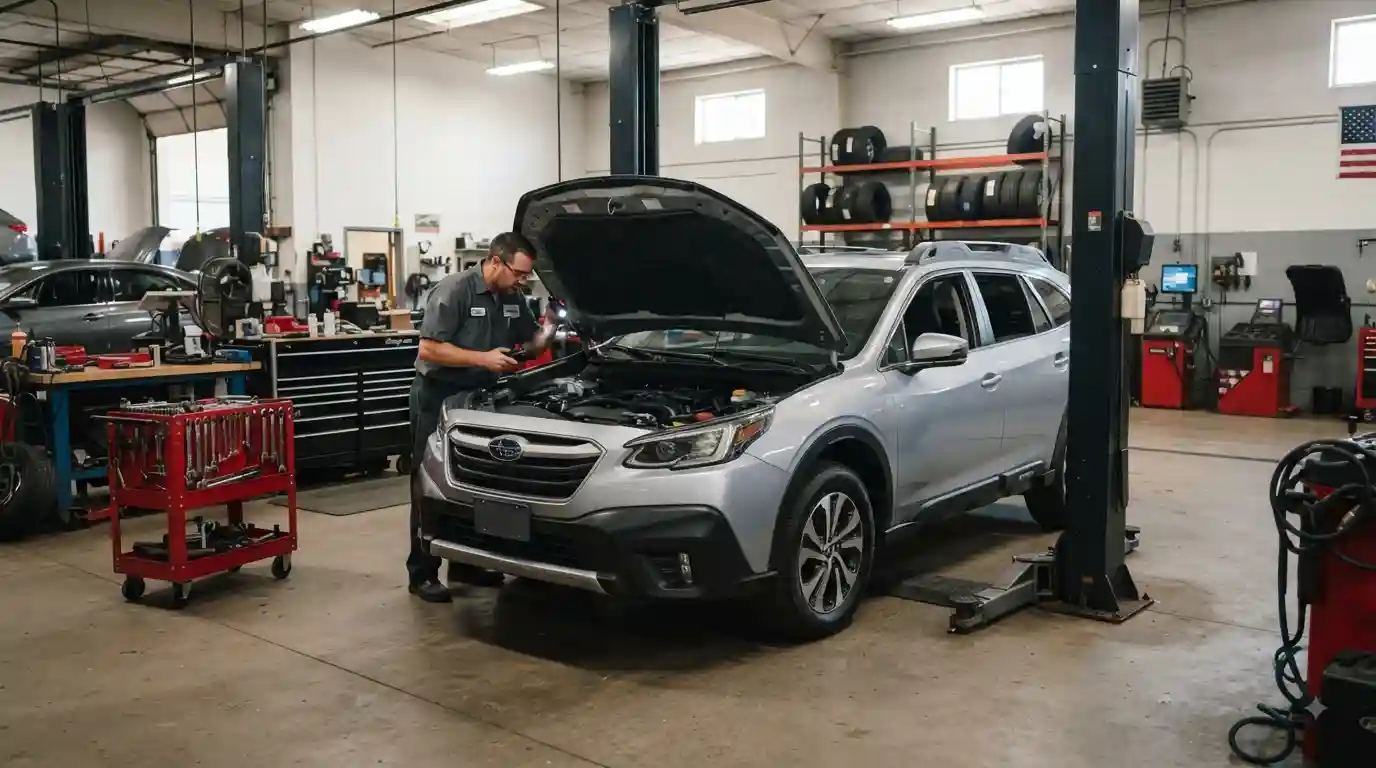 Professional technician inspecting a car inside a clean auto service garage